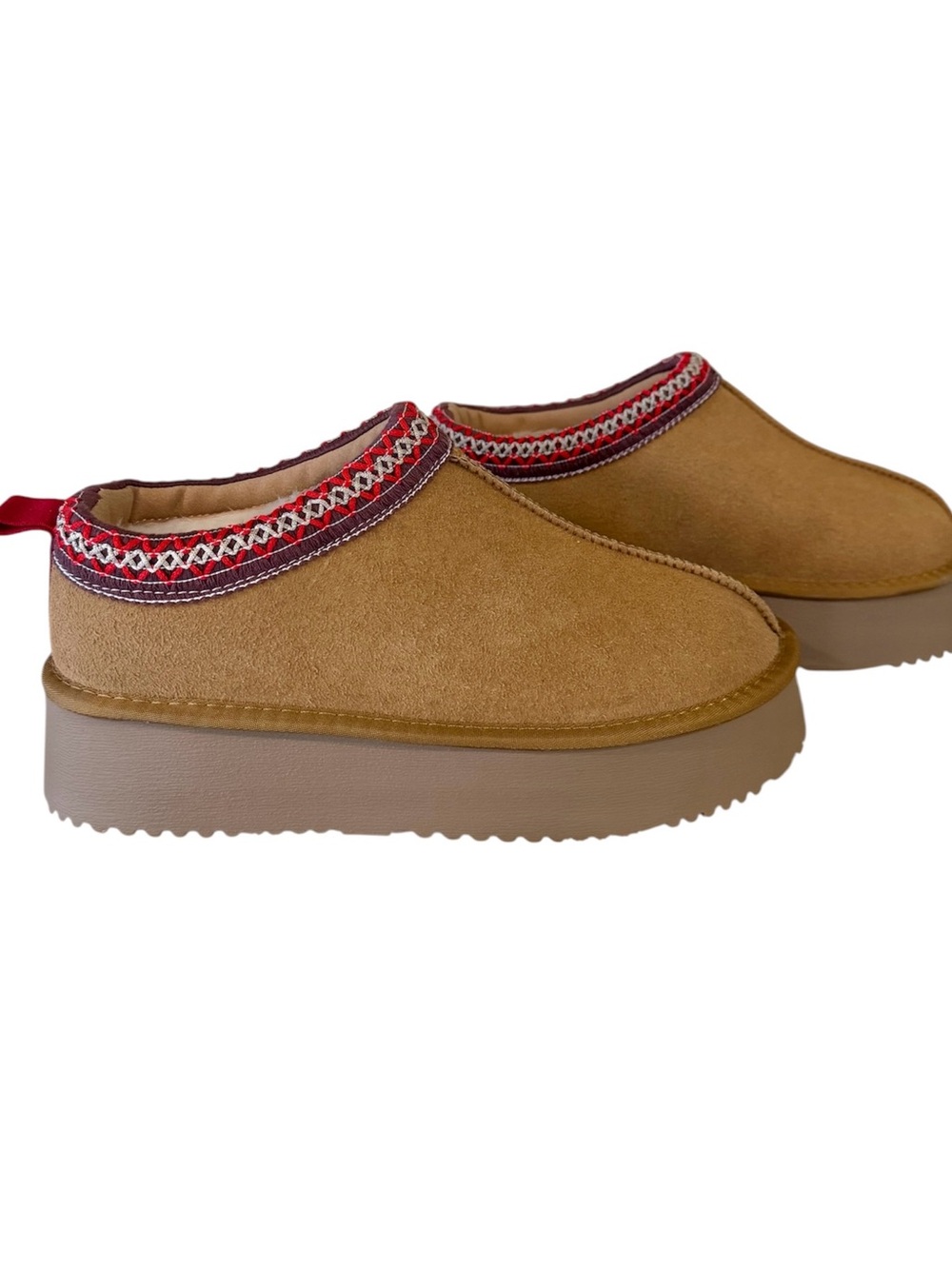 Women's Tan Suede Slip-On Platform Shoes with Red Trim